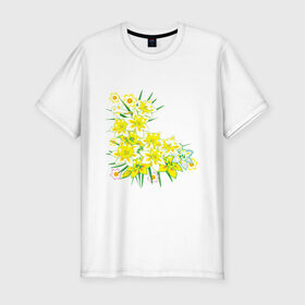 Мужская футболка хлопок Slim с принтом Желтые нарциссы , 92% хлопок, 8% лайкра | приталенный силуэт, круглый вырез ворота, длина до линии бедра, короткий рукав | букет | весна | восьмерка | женский день | нарцисс | нарциссы | праздник | рисунок | уголок | цветы