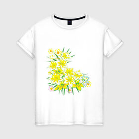 Женская футболка хлопок с принтом Желтые нарциссы , 100% хлопок | прямой крой, круглый вырез горловины, длина до линии бедер, слегка спущенное плечо | букет | весна | восьмерка | женский день | нарцисс | нарциссы | праздник | рисунок | уголок | цветы