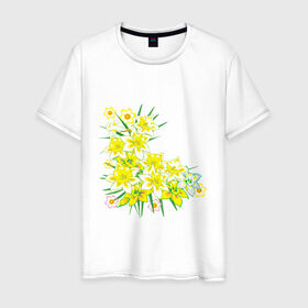 Мужская футболка хлопок с принтом Желтые нарциссы , 100% хлопок | прямой крой, круглый вырез горловины, длина до линии бедер, слегка спущенное плечо. | букет | весна | восьмерка | женский день | нарцисс | нарциссы | праздник | рисунок | уголок | цветы