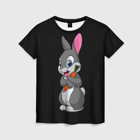 Женская футболка 3D с принтом ЗАЙКА , 100% полиэфир ( синтетическое хлопкоподобное полотно) | прямой крой, круглый вырез горловины, длина до линии бедер | bunny | cartoon | hare | rabbit | белый | зайчик | заяц | кролик | морковка | мультик | серый