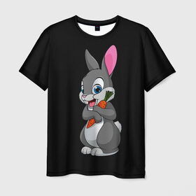 Мужская футболка 3D с принтом ЗАЙКА , 100% полиэфир | прямой крой, круглый вырез горловины, длина до линии бедер | bunny | cartoon | hare | rabbit | белый | зайчик | заяц | кролик | морковка | мультик | серый