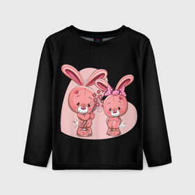 Детский лонгслив 3D с принтом ЗАЙЧИКИ , 100% полиэстер | длинные рукава, круглый вырез горловины, полуприлегающий силуэт
 | bunny | cartoon | hare | rabbit | зайка | заяц | кролик | мультик | розовый | цветы