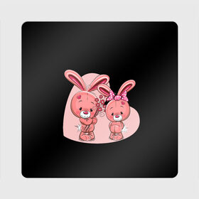 Магнит виниловый Квадрат с принтом ЗАЙЧИКИ , полимерный материал с магнитным слоем | размер 9*9 см, закругленные углы | bunny | cartoon | hare | rabbit | зайка | заяц | кролик | мультик | розовый | цветы