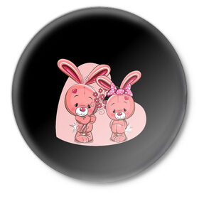 Значок с принтом ЗАЙЧИКИ ,  металл | круглая форма, металлическая застежка в виде булавки | bunny | cartoon | hare | rabbit | зайка | заяц | кролик | мультик | розовый | цветы