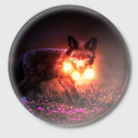 Значок с принтом Лисица с фонариками ,  металл | круглая форма, металлическая застежка в виде булавки | fox | foxy | животное | звери | лиса | лисенок | лисичка | милая | рыжая | фокс