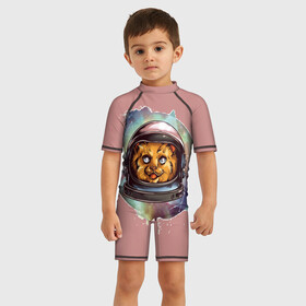 Детский купальный костюм 3D с принтом Звездный кот , Полиэстер 85%, Спандекс 15% | застежка на молнии на спине | девушки | кот | кот и молния | коте смотрит вверх | кото космос