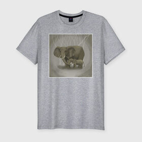 Мужская футболка хлопок Slim с принтом Слоны , 92% хлопок, 8% лайкра | приталенный силуэт, круглый вырез ворота, длина до линии бедра, короткий рукав | иллюстрация | рисунок | серый | слон | слоненок