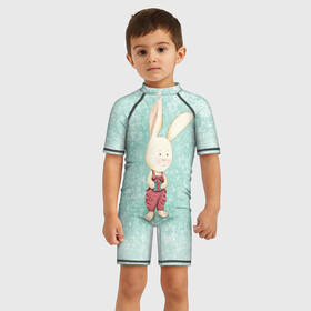Детский купальный костюм 3D с принтом Зайчик с подарком , Полиэстер 85%, Спандекс 15% | застежка на молнии на спине | зайчик | зима | красный | малыш | новый год | подарок | ребенок | снежинка