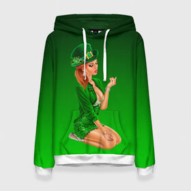 Женская толстовка 3D с принтом девушка лепрекон в зеленом , 100% полиэстер  | двухслойный капюшон со шнурком для регулировки, мягкие манжеты на рукавах и по низу толстовки, спереди карман-кенгуру с мягким внутренним слоем. | 17 марта | девушка | день святого патрика | зеленый | зеленый костюм | ирландия | клевер | кружка | лепрекон | модель | монеты | рисунок | традиции | эль