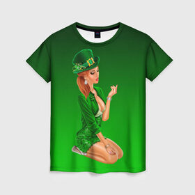 Женская футболка 3D с принтом девушка лепрекон в зеленом , 100% полиэфир ( синтетическое хлопкоподобное полотно) | прямой крой, круглый вырез горловины, длина до линии бедер | 17 марта | девушка | день святого патрика | зеленый | зеленый костюм | ирландия | клевер | кружка | лепрекон | модель | монеты | рисунок | традиции | эль