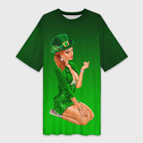 Платье-футболка 3D с принтом девушка лепрекон в зеленом ,  |  | 17 марта | девушка | день святого патрика | зеленый | зеленый костюм | ирландия | клевер | кружка | лепрекон | модель | монеты | рисунок | традиции | эль