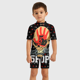 Детский купальный костюм 3D с принтом Five Finger Death Punch [3] , Полиэстер 85%, Спандекс 15% | застежка на молнии на спине | 5fdp | 5фдп | ffdp | five finger death punch | metal | music | skeleton | sounds | метал | музыка | рок | череп