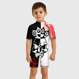 Детский купальный костюм 3D с принтом Five Finger Death Punch [5] , Полиэстер 85%, Спандекс 15% | застежка на молнии на спине | 5fdp | 5фдп | ffdp | five finger death punch | metal | music | skeleton | sounds | метал | музыка | рок | череп