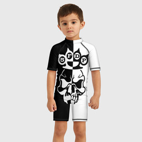 Детский купальный костюм 3D с принтом Five Finger Death Punch [6] , Полиэстер 85%, Спандекс 15% | застежка на молнии на спине | 5fdp | 5фдп | ffdp | five finger death punch | metal | music | skeleton | sounds | метал | музыка | рок | череп