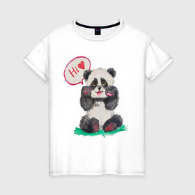 Женская футболка хлопок с принтом Акварельная милая панда , 100% хлопок | прямой крой, круглый вырез горловины, длина до линии бедер, слегка спущенное плечо | hi | акварель | любовь | мило | няшно | панда | привет
