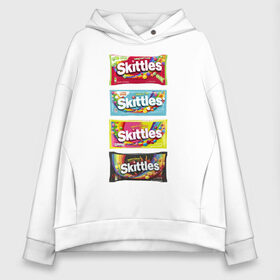 Женское худи Oversize хлопок с принтом Skittles | Разнообразие , френч-терри — 70% хлопок, 30% полиэстер. Мягкий теплый начес внутри —100% хлопок | боковые карманы, эластичные манжеты и нижняя кромка, капюшон на магнитной кнопке | 4 штуки | freeze pop | limited edition | long lost time | original | skittles | sweet heat | sweet sours | желтый | красный | ориджинл | разнообразие | синий | скитлс | черный