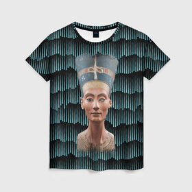 Женская футболка 3D с принтом Нефертити , 100% полиэфир ( синтетическое хлопкоподобное полотно) | прямой крой, круглый вырез горловины, длина до линии бедер | Тематика изображения на принте: африка | божества | волны | геометрия | египет | маска | нефертити | фараон | царица