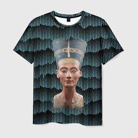 Мужская футболка 3D с принтом Нефертити , 100% полиэфир | прямой крой, круглый вырез горловины, длина до линии бедер | Тематика изображения на принте: африка | божества | волны | геометрия | египет | маска | нефертити | фараон | царица