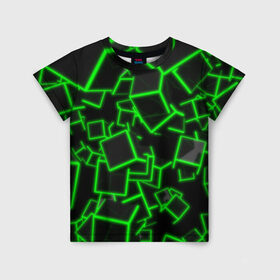 Детская футболка 3D с принтом Cyber cube , 100% гипоаллергенный полиэфир | прямой крой, круглый вырез горловины, длина до линии бедер, чуть спущенное плечо, ткань немного тянется | Тематика изображения на принте: 3д кубики | cyber cube | кибер куб | куб | неоновые кубики