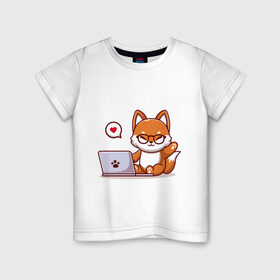 Детская футболка хлопок с принтом Cute fox and laptop , 100% хлопок | круглый вырез горловины, полуприлегающий силуэт, длина до линии бедер | Тематика изображения на принте: fox | laptop | love | кицуне | кицунэ | комп | компьютер | лапа | лапка | лиса | лисенок | лисичка | лэптоп | любовь | ноут | ноутбук | отпечаток | очки | привет | рука | ручка | сердечко | сердце