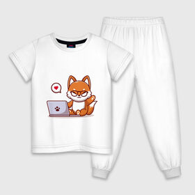 Детская пижама хлопок с принтом Cute fox and laptop , 100% хлопок |  брюки и футболка прямого кроя, без карманов, на брюках мягкая резинка на поясе и по низу штанин
 | Тематика изображения на принте: fox | laptop | love | кицуне | кицунэ | комп | компьютер | лапа | лапка | лиса | лисенок | лисичка | лэптоп | любовь | ноут | ноутбук | отпечаток | очки | привет | рука | ручка | сердечко | сердце