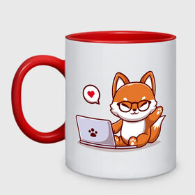 Кружка двухцветная с принтом Cute fox and laptop , керамика | объем — 330 мл, диаметр — 80 мм. Цветная ручка и кайма сверху, в некоторых цветах — вся внутренняя часть | fox | laptop | love | кицуне | кицунэ | комп | компьютер | лапа | лапка | лиса | лисенок | лисичка | лэптоп | любовь | ноут | ноутбук | отпечаток | очки | привет | рука | ручка | сердечко | сердце