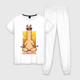Женская пижама хлопок с принтом Llamaste , 100% хлопок | брюки и футболка прямого кроя, без карманов, на брюках мягкая резинка на поясе и по низу штанин | art | lama | meditation | namaste | yoga | арт | йога | лама | медитация | намасте