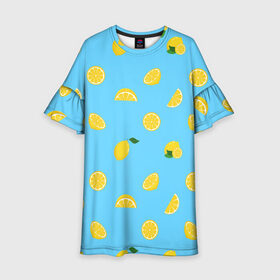 Детское платье 3D с принтом Лимоны на голубом , 100% полиэстер | прямой силуэт, чуть расширенный к низу. Круглая горловина, на рукавах — воланы | citrus | lemon | pattern | seamless | summer | tropical | желтый | лето | лимон | природа | тропики | узор | фрукты | цитрус | экзотика