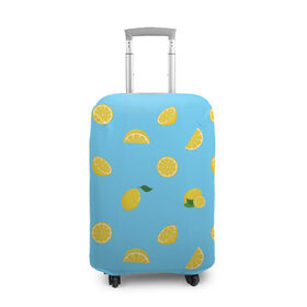 Чехол для чемодана 3D с принтом Лимоны на голубом , 86% полиэфир, 14% спандекс | двустороннее нанесение принта, прорези для ручек и колес | citrus | lemon | pattern | seamless | summer | tropical | желтый | лето | лимон | природа | тропики | узор | фрукты | цитрус | экзотика