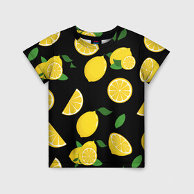 Детская футболка 3D с принтом Лимоны на чёрном , 100% гипоаллергенный полиэфир | прямой крой, круглый вырез горловины, длина до линии бедер, чуть спущенное плечо, ткань немного тянется | Тематика изображения на принте: citrus natural fruit | fresh | illustration | organic | pattern | texture | лето | лимон | свежесть | тропики | узор | фон | фрукты | цитрус | экзотика