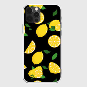 Чехол для iPhone 12 Pro Max с принтом Лимоны на чёрном , Силикон |  | Тематика изображения на принте: citrus natural fruit | fresh | illustration | organic | pattern | texture | лето | лимон | свежесть | тропики | узор | фон | фрукты | цитрус | экзотика