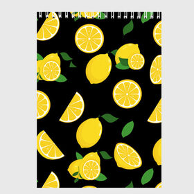 Скетчбук с принтом Лимоны на чёрном , 100% бумага
 | 48 листов, плотность листов — 100 г/м2, плотность картонной обложки — 250 г/м2. Листы скреплены сверху удобной пружинной спиралью | Тематика изображения на принте: citrus natural fruit | fresh | illustration | organic | pattern | texture | лето | лимон | свежесть | тропики | узор | фон | фрукты | цитрус | экзотика