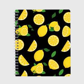 Тетрадь с принтом Лимоны на чёрном , 100% бумага | 48 листов, плотность листов — 60 г/м2, плотность картонной обложки — 250 г/м2. Листы скреплены сбоку удобной пружинной спиралью. Уголки страниц и обложки скругленные. Цвет линий — светло-серый
 | Тематика изображения на принте: citrus natural fruit | fresh | illustration | organic | pattern | texture | лето | лимон | свежесть | тропики | узор | фон | фрукты | цитрус | экзотика