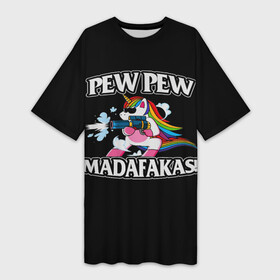Платье-футболка 3D с принтом Pew Pew ,  |  | dab | dab единорог | dabbing unicorn | unicorn | брызги красок | детская | единорог радуга | краски | круги | прикольные картинки | радуга | радужные краски | радужный единорог | утята