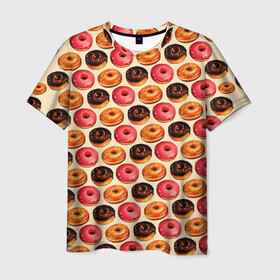 Мужская футболка 3D с принтом Пончики , 100% полиэфир | прямой крой, круглый вырез горловины, длина до линии бедер | еда | колечки | кольцо | конфеты | круг | пища | пончик | пончики | разноцветные пончики | сладкие пончики | сладкое