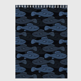 Скетчбук с принтом Синие рыбы на темном фоне , 100% бумага
 | 48 листов, плотность листов — 100 г/м2, плотность картонной обложки — 250 г/м2. Листы скреплены сверху удобной пружинной спиралью | морской паттерн | подводный мир | рыбы | синие рыбы