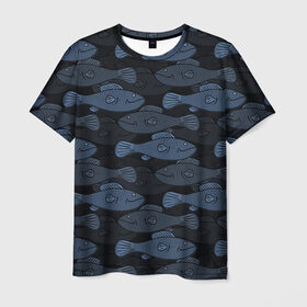 Мужская футболка 3D с принтом Синие рыбы на темном фоне , 100% полиэфир | прямой крой, круглый вырез горловины, длина до линии бедер | Тематика изображения на принте: морской паттерн | подводный мир | рыбы | синие рыбы