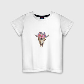 Детская футболка хлопок с принтом Черепушка в бохо-стиле , 100% хлопок | круглый вырез горловины, полуприлегающий силуэт, длина до линии бедер | бохо | бохо стиль | череп коровы | череп с цветами