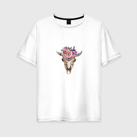 Женская футболка хлопок Oversize с принтом Черепушка в бохо-стиле , 100% хлопок | свободный крой, круглый ворот, спущенный рукав, длина до линии бедер
 | бохо | бохо стиль | череп коровы | череп с цветами