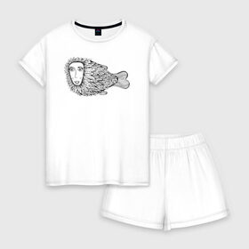 Женская пижама с шортиками хлопок с принтом Пернатая рыба , 100% хлопок | футболка прямого кроя, шорты свободные с широкой мягкой резинкой | графика | девушка | пернатая рыба | рыба | черно белая