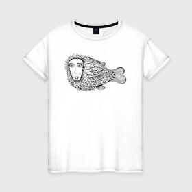 Женская футболка хлопок с принтом Пернатая рыба , 100% хлопок | прямой крой, круглый вырез горловины, длина до линии бедер, слегка спущенное плечо | графика | девушка | пернатая рыба | рыба | черно белая