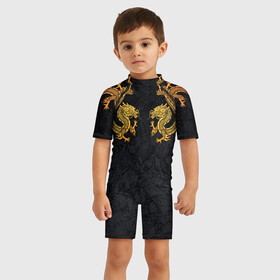 Детский купальный костюм 3D с принтом GOLD CHINA DRAGONS , Полиэстер 85%, Спандекс 15% | застежка на молнии на спине | chine dragon | gold dragon | yellow dragon | без крыльев | желтый дракон | золотые драконы | китайский дракон