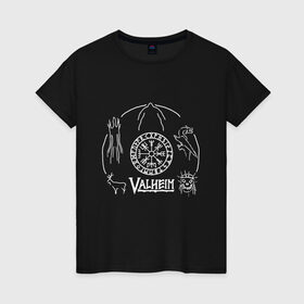 Женская футболка хлопок с принтом VALHEIM , 100% хлопок | прямой крой, круглый вырез горловины, длина до линии бедер, слегка спущенное плечо | coffee stain | valheim | vikings | вальхайм | вальхеим | вальхейм. | викинги | выживание | гарпун бездны | мечи