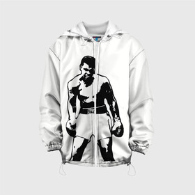 Детская куртка 3D с принтом The Greatest (Muhammad Ali) , 100% полиэстер | застежка — молния, подол и капюшон оформлены резинкой с фиксаторами, по бокам — два кармана без застежек, один потайной карман на груди, плотность верхнего слоя — 90 г/м2; плотность флисового подклада — 260 г/м2 | ali | clay | mohammed | али | боец | боксер | величайший | возможность | искусства | касиус | клей | личность | мозайка | мотивация | мохаммед | мухамед | перчатки | сила | слова | спорт | темный | узор