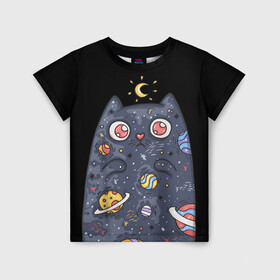 Детская футболка 3D с принтом КОСМИЧЕСКИЙ КОТ , 100% гипоаллергенный полиэфир | прямой крой, круглый вырез горловины, длина до линии бедер, чуть спущенное плечо, ткань немного тянется | Тематика изображения на принте: артемис | астероиды | вселенная | галактика | диана | звезды | кометы | космос | кот | котенок | котик | луна | месяц | ночь | планеты | сейлор мун | туманность | черная кошка