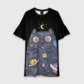 Детское платье 3D с принтом КОСМИЧЕСКИЙ КОТ , 100% полиэстер | прямой силуэт, чуть расширенный к низу. Круглая горловина, на рукавах — воланы | артемис | астероиды | вселенная | галактика | диана | звезды | кометы | космос | кот | котенок | котик | луна | месяц | ночь | планеты | сейлор мун | туманность | черная кошка
