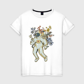 Женская футболка хлопок с принтом АСТРОНАВТ РОМАНТИК , 100% хлопок | прямой крой, круглый вырез горловины, длина до линии бедер, слегка спущенное плечо | астронавт | бабочка | космонавт | космос | полет | скафандр | цветы