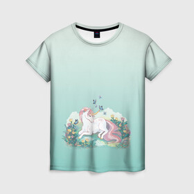 Женская футболка 3D с принтом единорог с бабочками , 100% полиэфир ( синтетическое хлопкоподобное полотно) | прямой крой, круглый вырез горловины, длина до линии бедер | бабочки | единорог | живот | лошадка | мир | персонаж | радужный хвост | фантастика