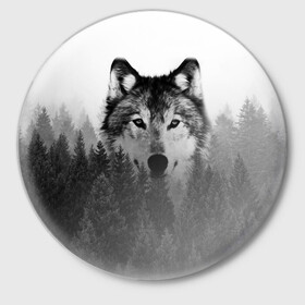 Значок с принтом Волк ,  металл | круглая форма, металлическая застежка в виде булавки | tegunvteg | волк | деревья | красивый лес | лес | листья | природа | собака | темный лес