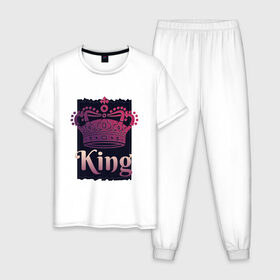 Мужская пижама хлопок с принтом King Король Корона , 100% хлопок | брюки и футболка прямого кроя, без карманов, на брюках мягкая резинка на поясе и по низу штанин
 | Тематика изображения на принте: 23 февраля | chess | crown | duke | for man | gradient | king | man | pink | purple | russian | true king | tsar | всея руси | градиент | для мужчины | для парня | князь | настоящий король | парень | прикол | русский | русь | царевич | ца